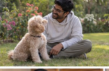 Illustration of people spending time with a Miniature Poodle at home or outdoors