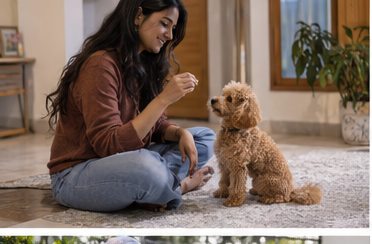 Illustration of people spending time with a Toy Poodle at home or outdoors