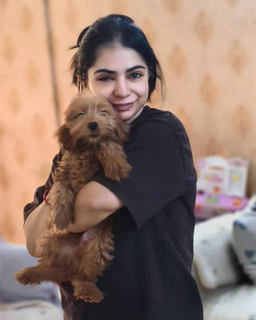 Owner holding her young red curly-coated puppy against her shoulder at home
