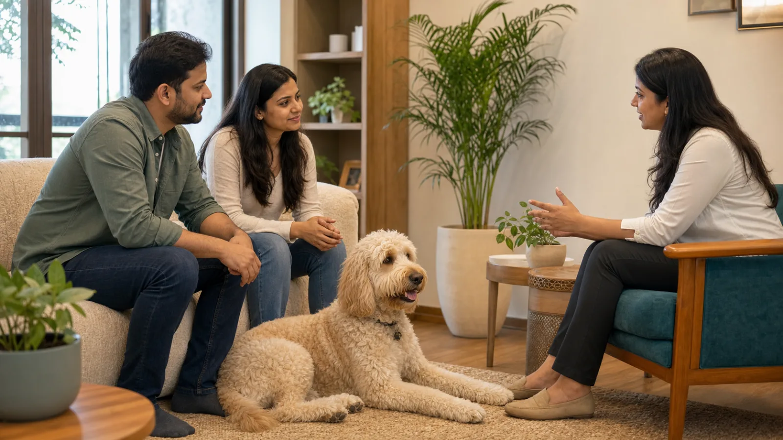 Indian couple having a thoughtful home-fit consultation with a calm adult Goldendoodle present