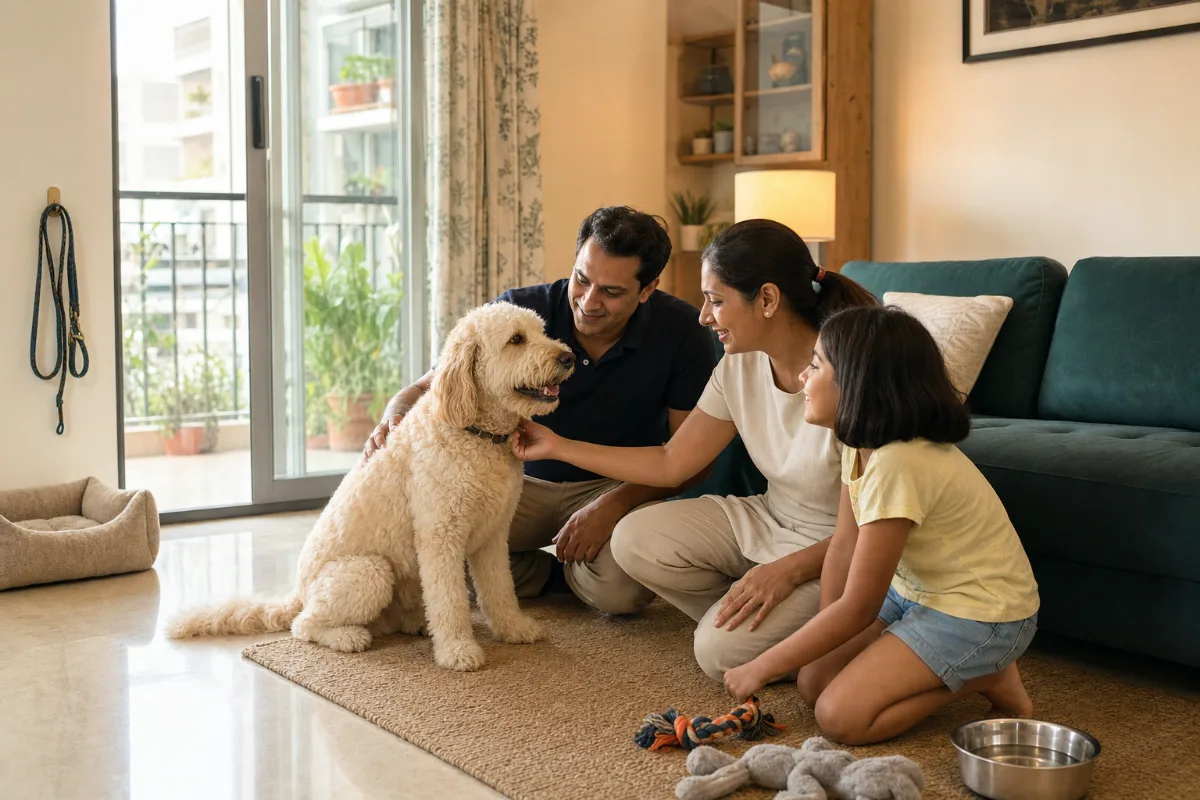 Indian family sharing a calm daily routine with their cream Goldendoodle in a Delhi apartment