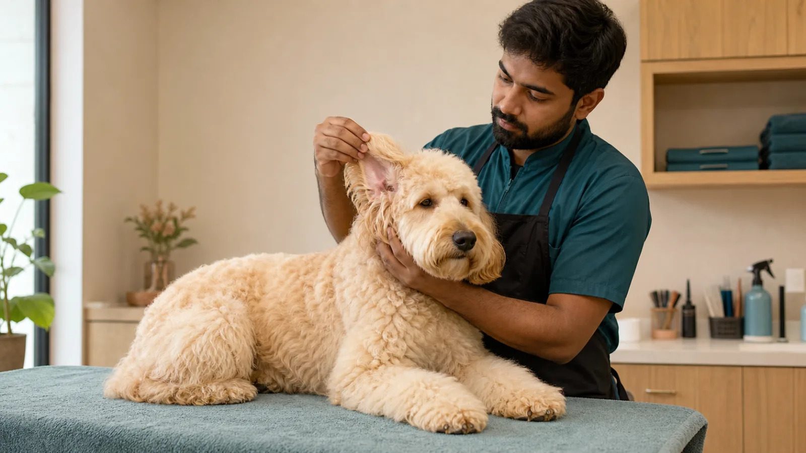 Indian groomer gently checking a cream Goldendoodle's ear and coat in a clean Delhi studio