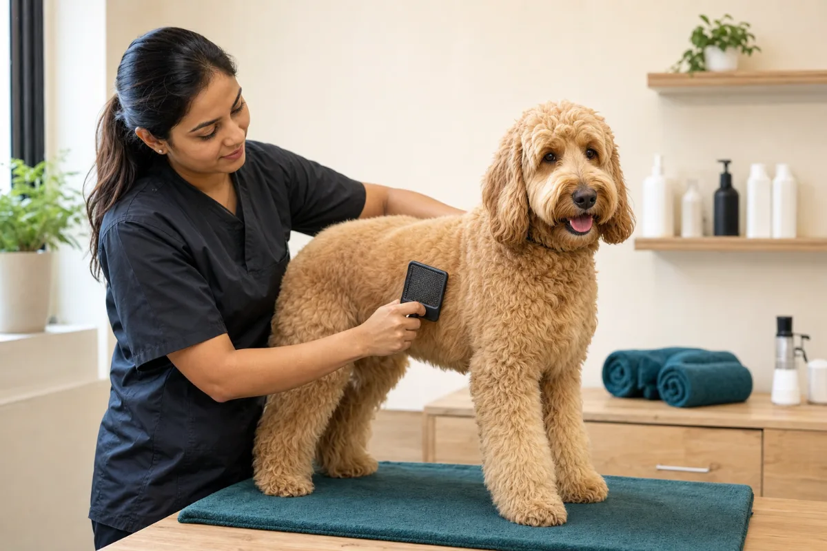 Indian groomer gently brushing an apricot Goldendoodle in a clean Delhi studio