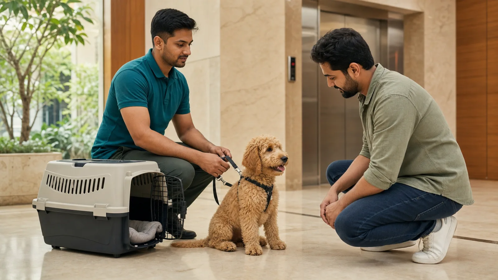 Handler giving an Indian owner a calm Goldendoodle arrival orientation beside a secure travel carrier