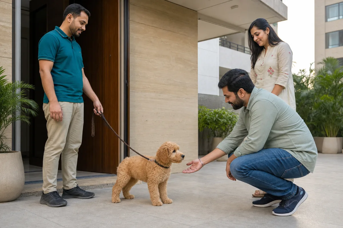 Responsible handler calmly introducing a Goldendoodle puppy to an Indian family at home