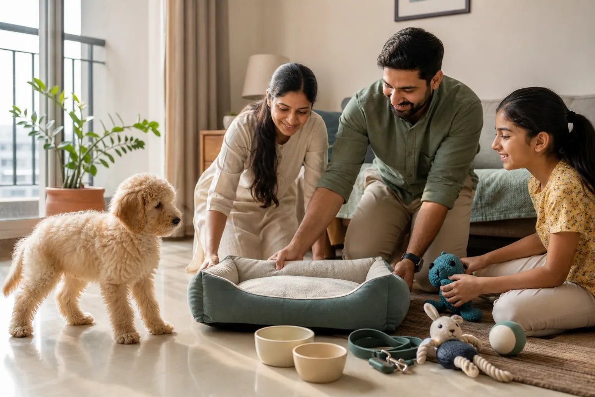 Indian family preparing a puppy-safe bed, bowls, leash and toys for a Goldendoodle