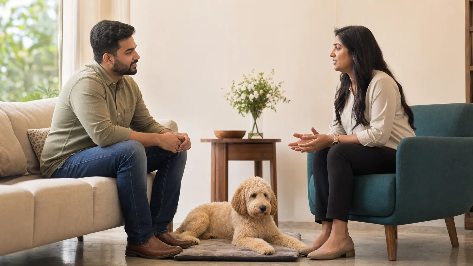 Indian professional discussing Goldendoodle puppy availability with an advisor in a private appointment
