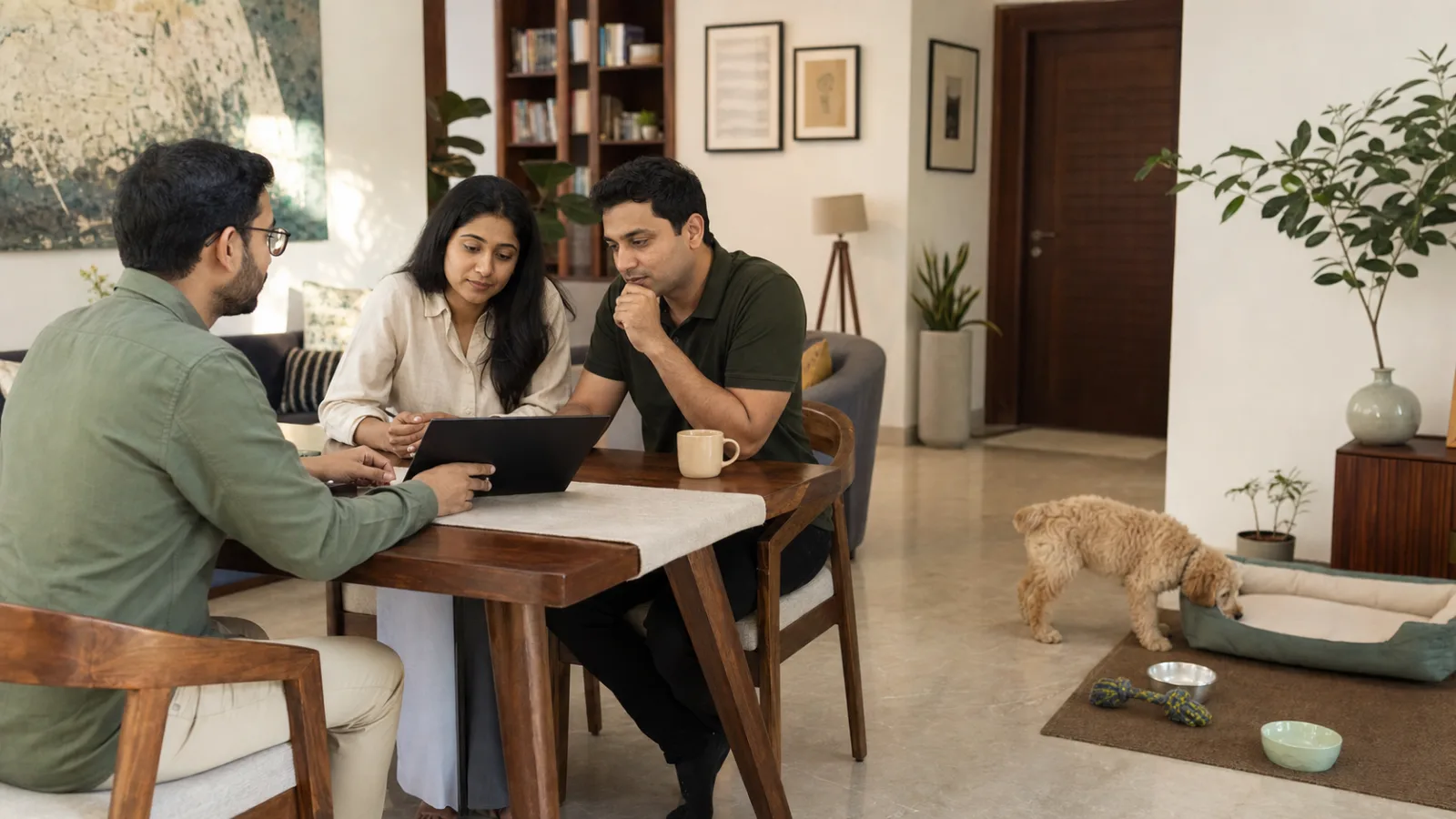 Indian couple making a thoughtful Goldendoodle booking decision while a puppy explores its prepared space