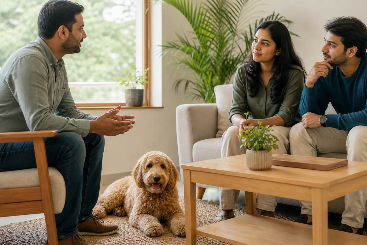 Indian couple discussing Goldendoodle suitability with a pet advisor in a private Delhi consultation