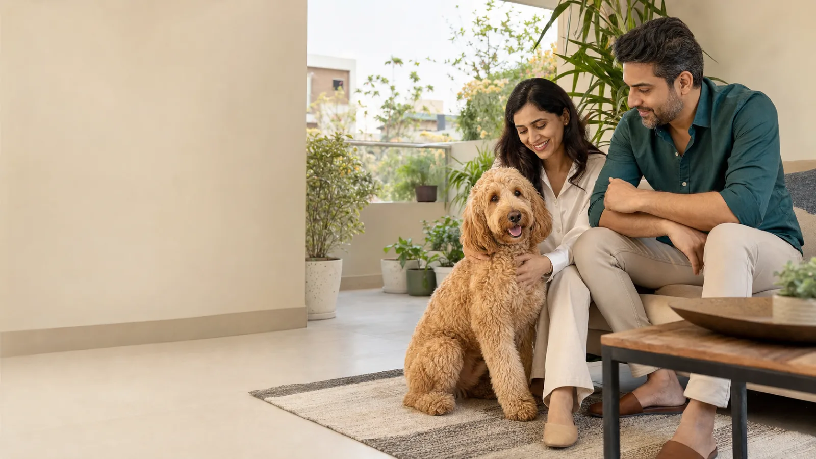 Indian couple relaxing with their Goldendoodle in a bright Delhi NCR apartment