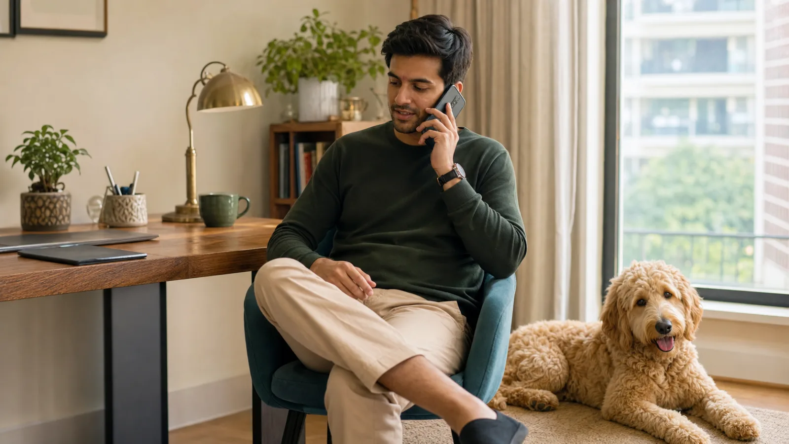 Indian professional making a private puppy inquiry by phone with a Goldendoodle resting nearby