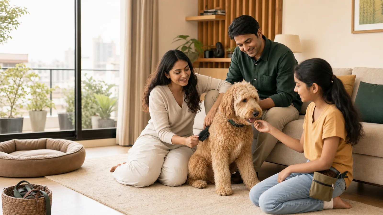 Indian family caring for their Goldendoodle with subtle grooming and training essentials at home