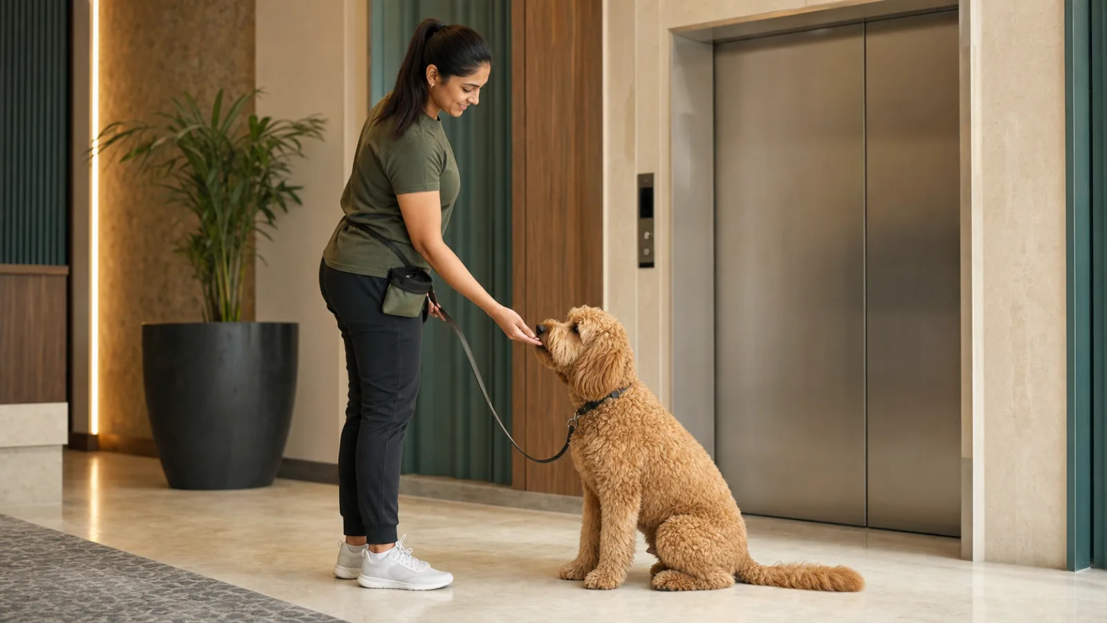 Indian trainer rewarding a leashed Goldendoodle for calm elevator etiquette in a Delhi NCR lobby