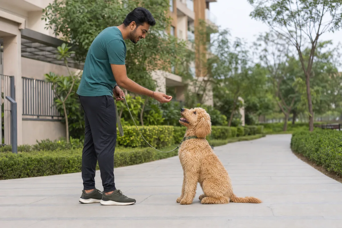 Indian owner rewarding a Goldendoodle for sitting calmly on a Delhi NCR residential path