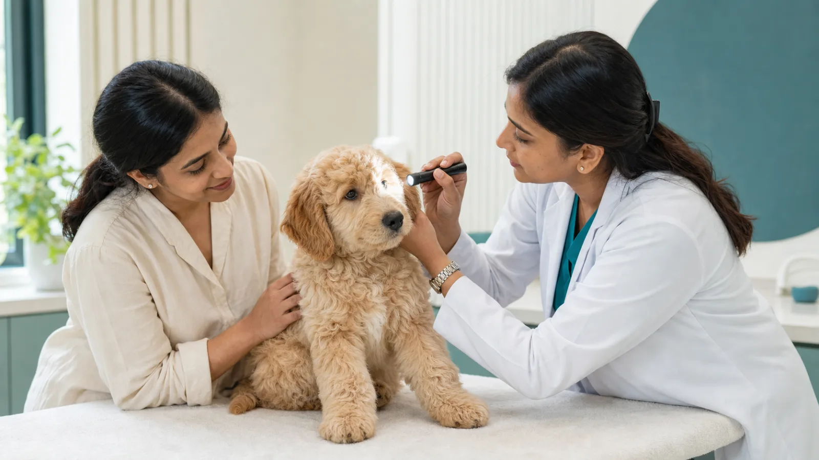 Indian veterinarian giving a calm Goldendoodle puppy a gentle eye and ear wellness check
