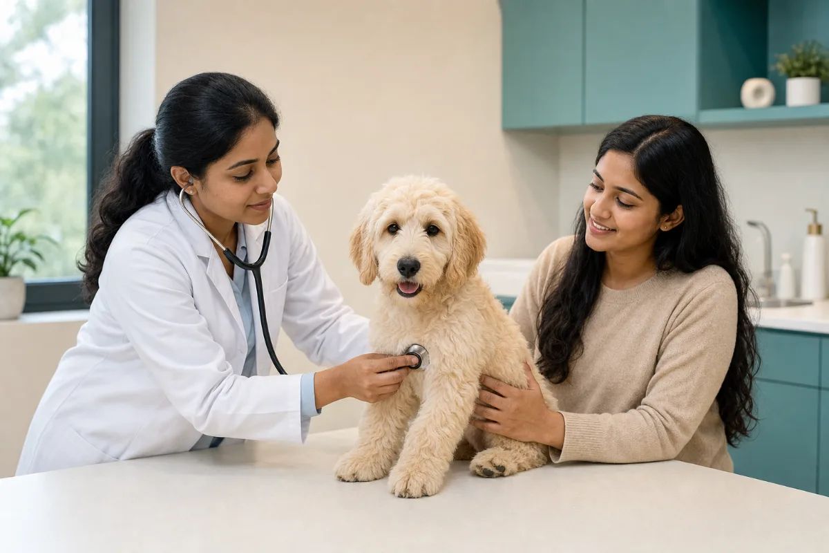 Indian veterinarian giving a calm Goldendoodle puppy a gentle stethoscope health check
