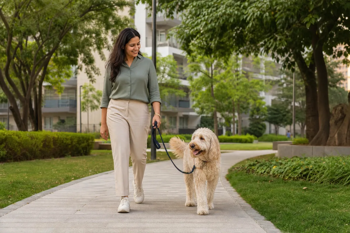 Indian owner walking a leashed Goldendoodle through a green Delhi NCR residential park