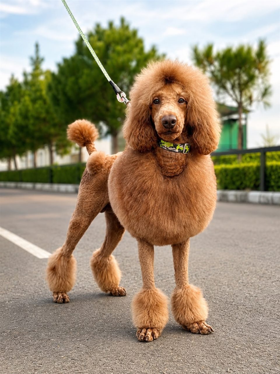 Apricot dog with a clipped coat standing on a leash